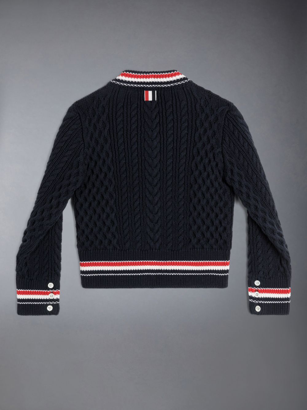 Boys's Thom Browne ARAN CABLE CRICKET STRIPE V-NECK Pullover Blue | PVE43B56579