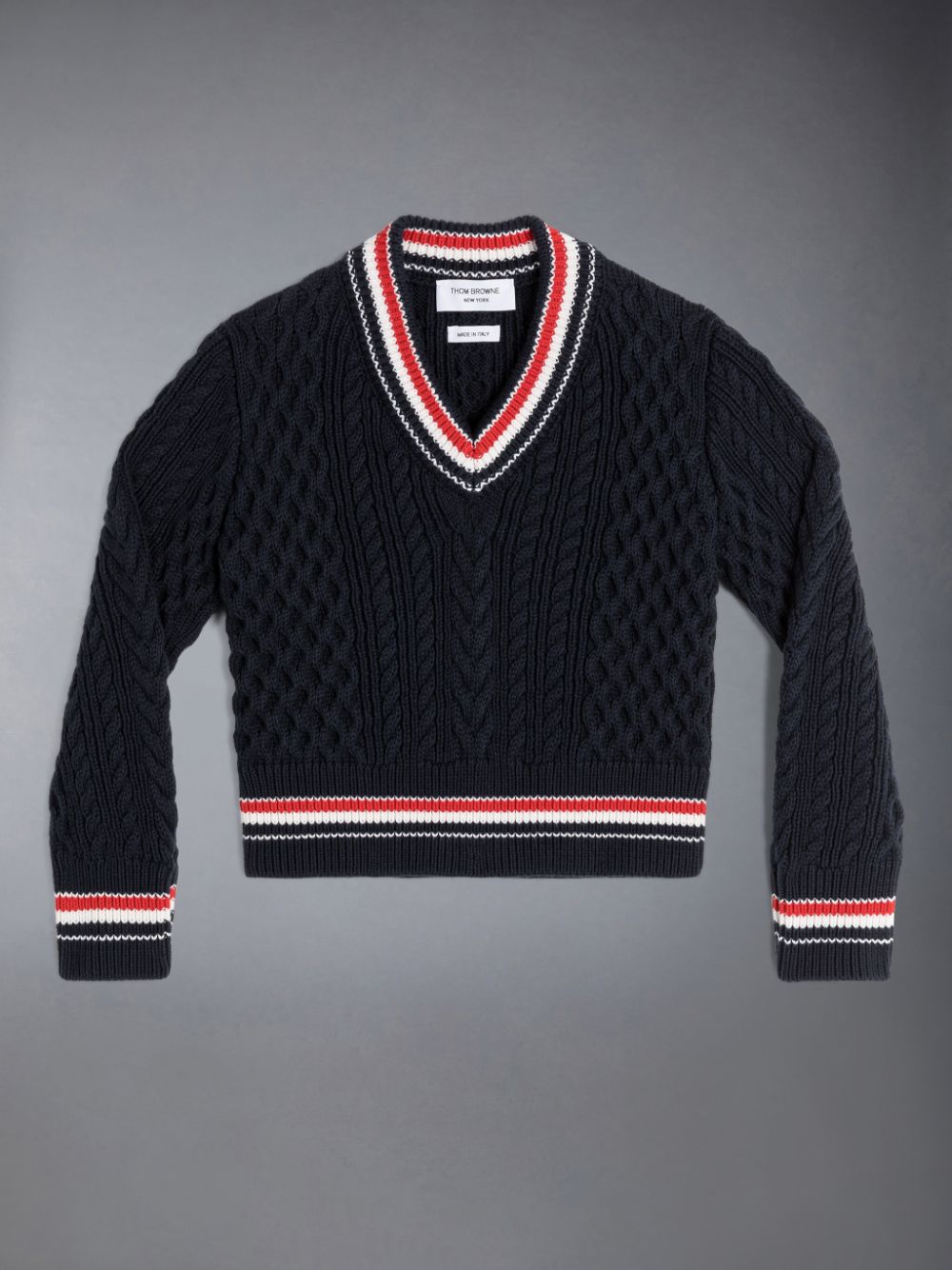 Boys\'s Thom Browne ARAN CABLE CRICKET STRIPE V-NECK Pullover Blue | PVE43B56579
