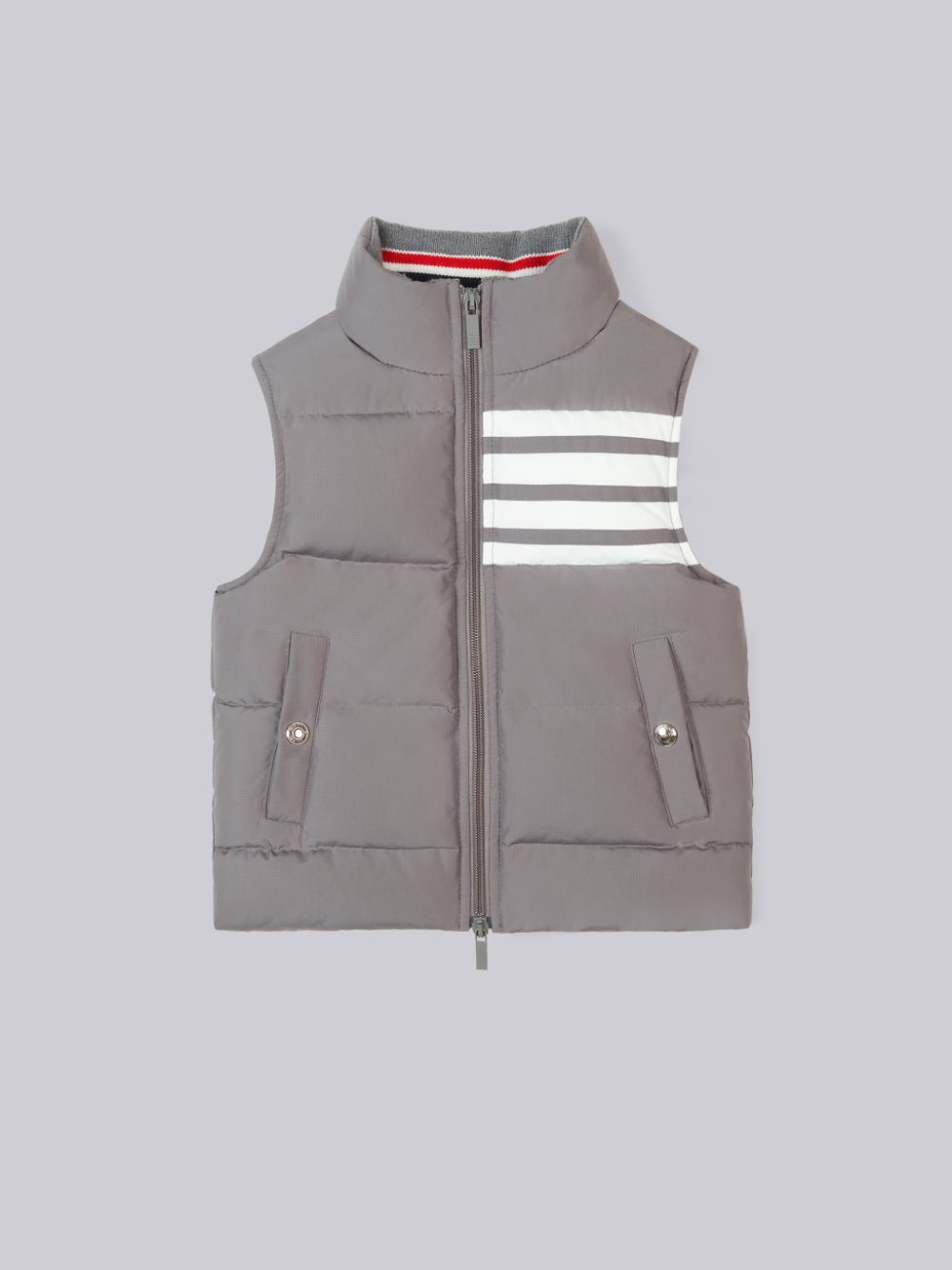 Boys\'s Thom Browne Medium Ripstop Downfilled Sleeveless 4-Bar Vest Grey | HEB36P90343