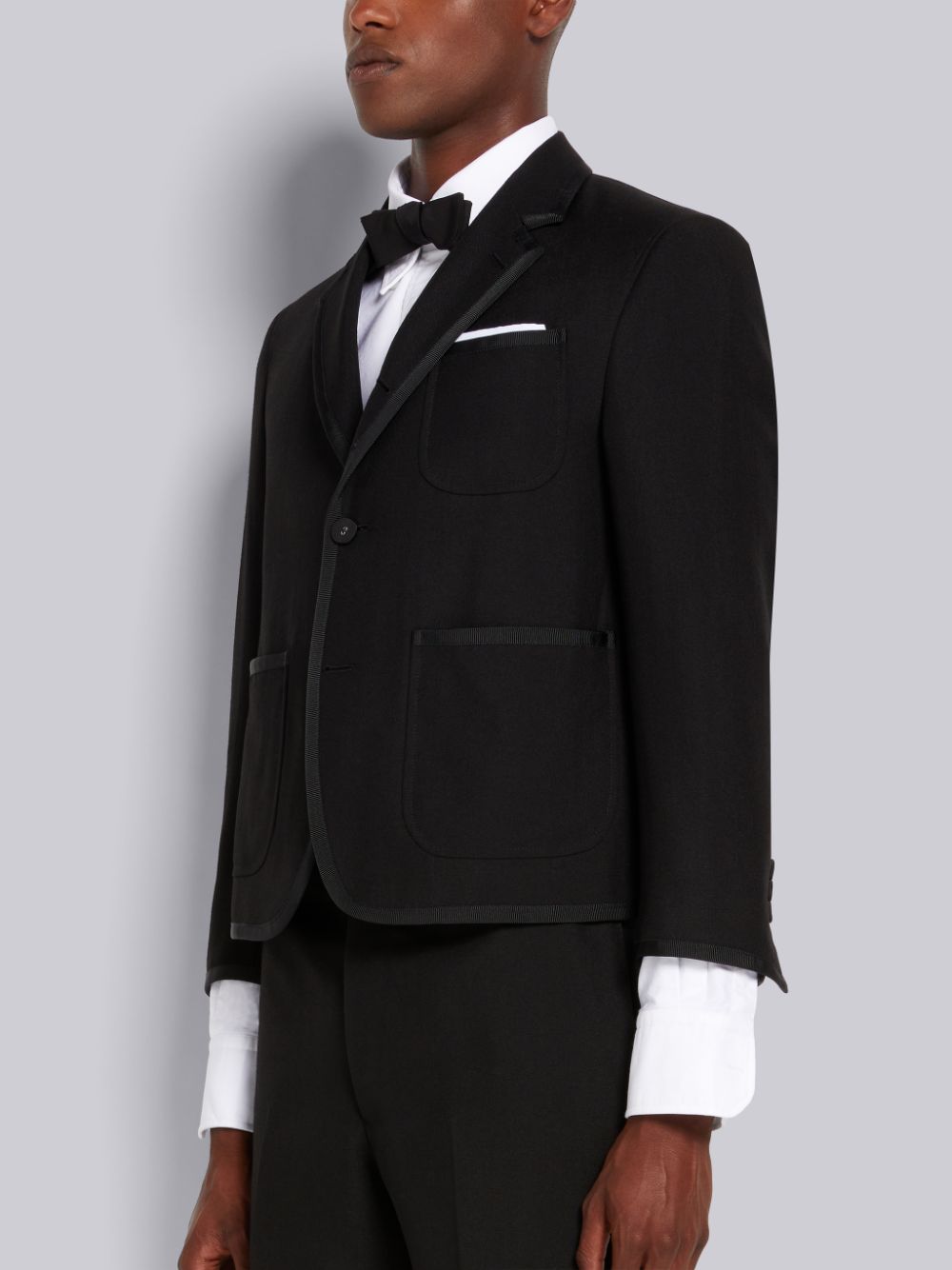 Men Thom Browne 3-Ply Wool Mohair Tipping Shrunken Patch Pocket Coats Black | QBD15P05575