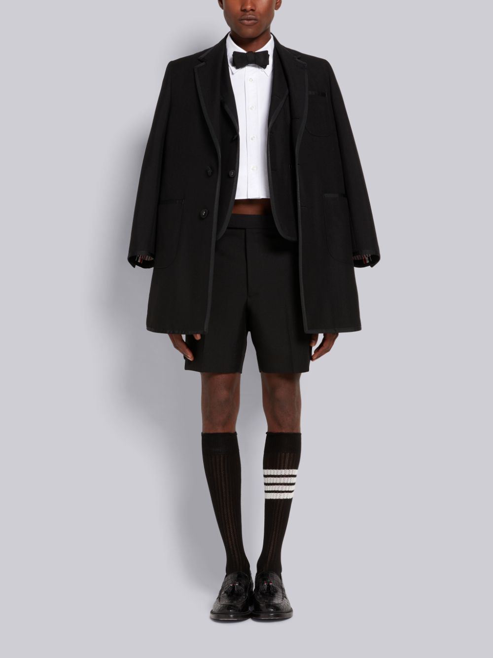 Men Thom Browne 3-Ply Wool Mohair Tipping Shrunken Patch Pocket Coats Black | QBD15P05575