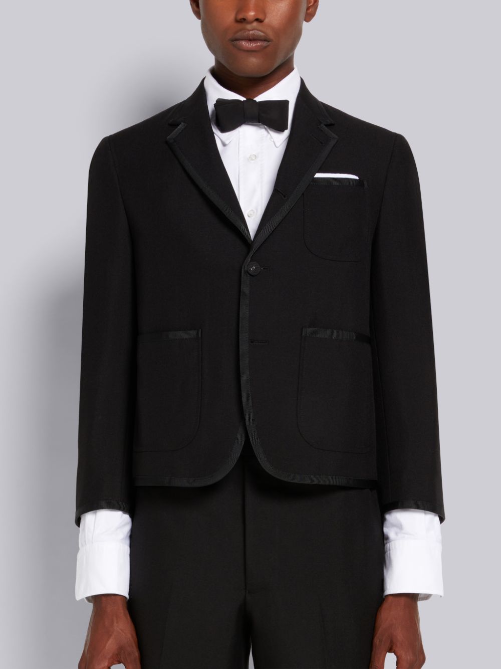 Men Thom Browne 3-Ply Wool Mohair Tipping Shrunken Patch Pocket Coats Black | QBD15P05575