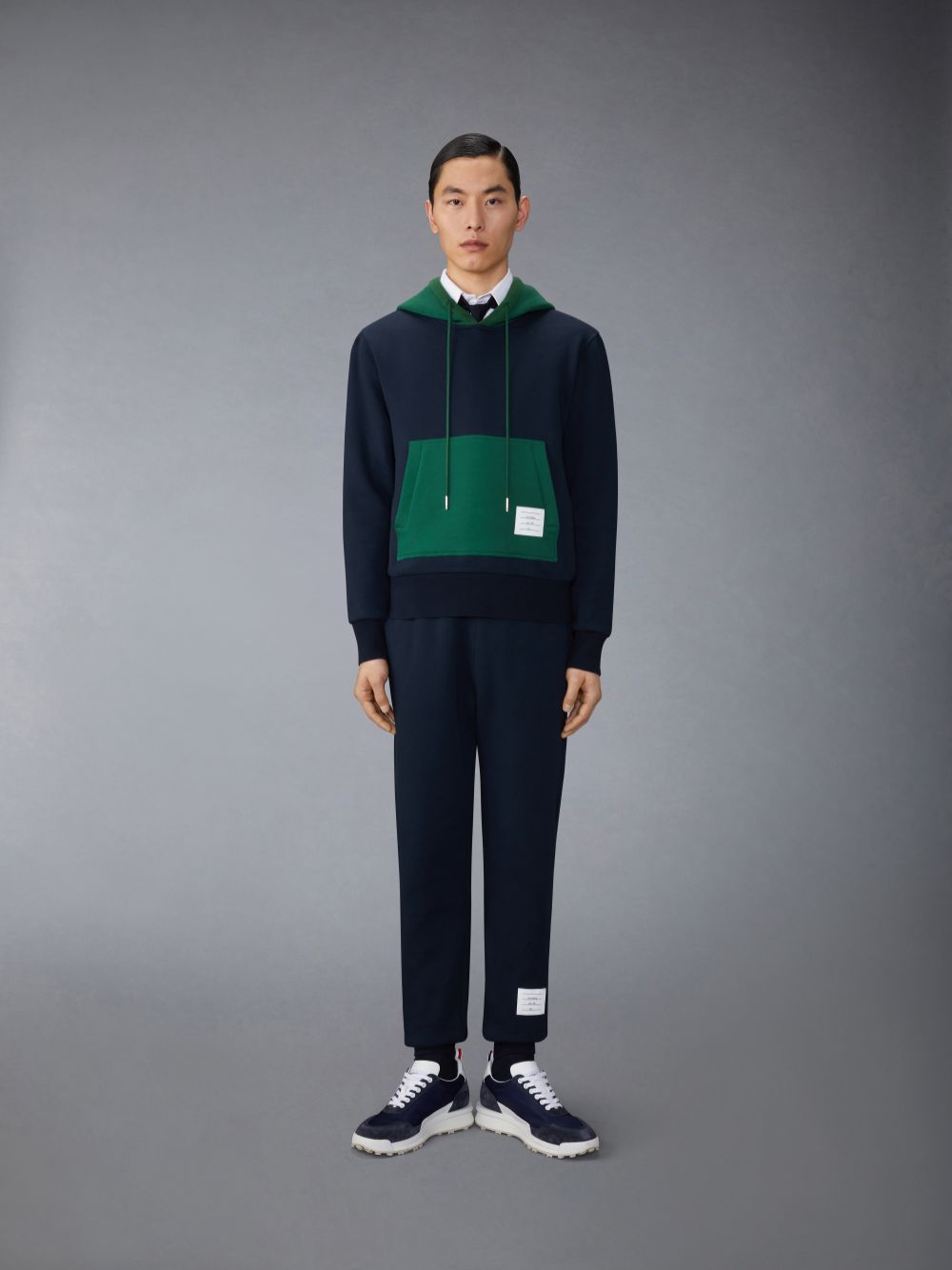 Men Thom Browne Brushed Color Blocked Hoodie Pullover Blue | BTP47E75876