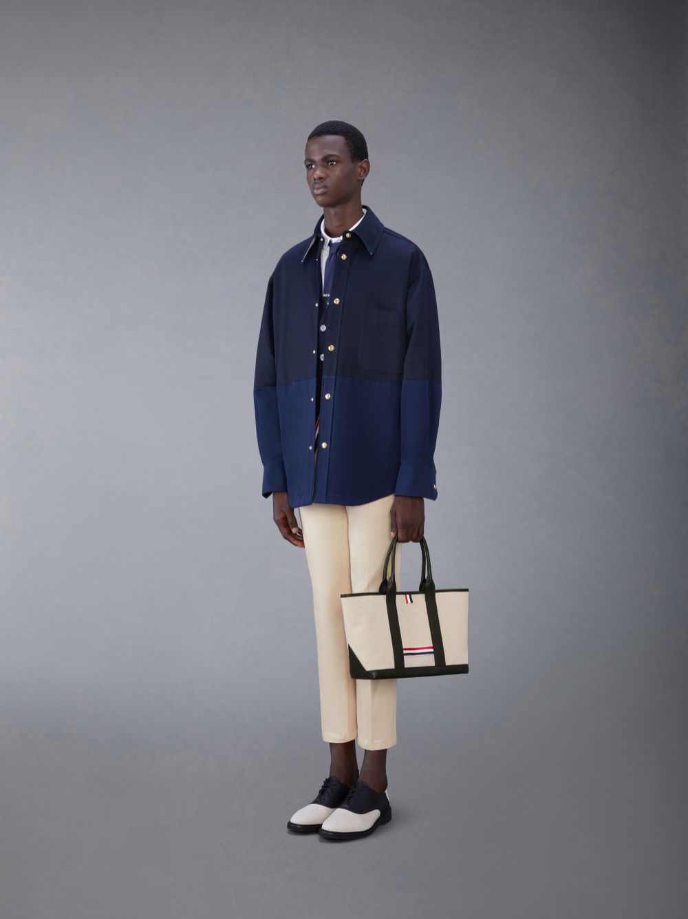 Men Thom Browne Cotton Canvas Leather Small Tool Tote Bags Beige | KTX44W93487
