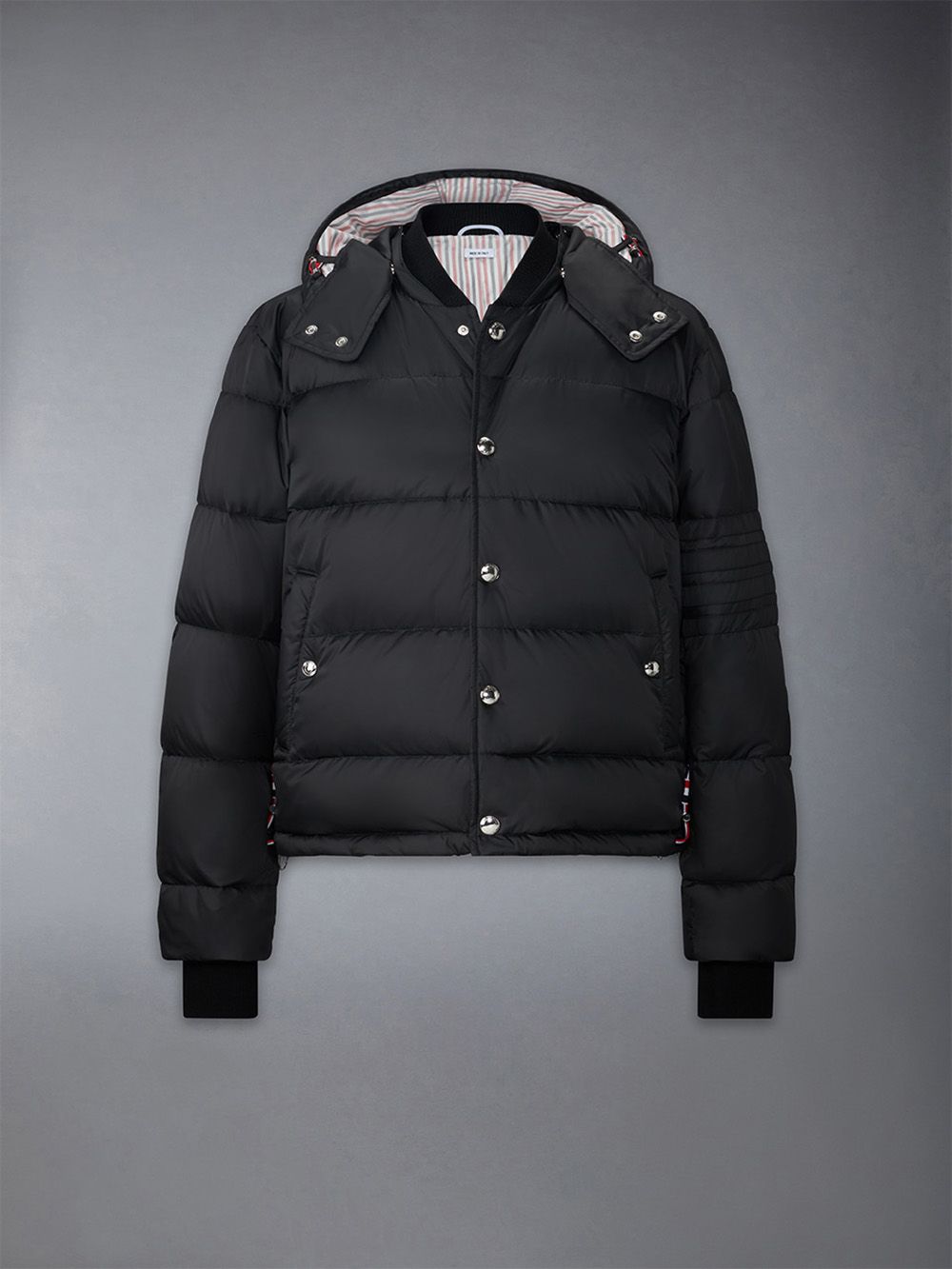 Men Thom Browne Downfilled 4-bar Hooded Bomber Jackets Black | KPU93J16174