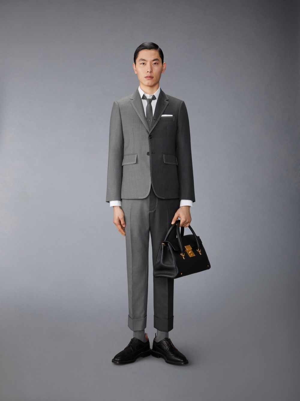 Men Thom Browne Funmix Twill Contrast Topstitching Classic Back Strap Pants Grey | OBJ70J17885