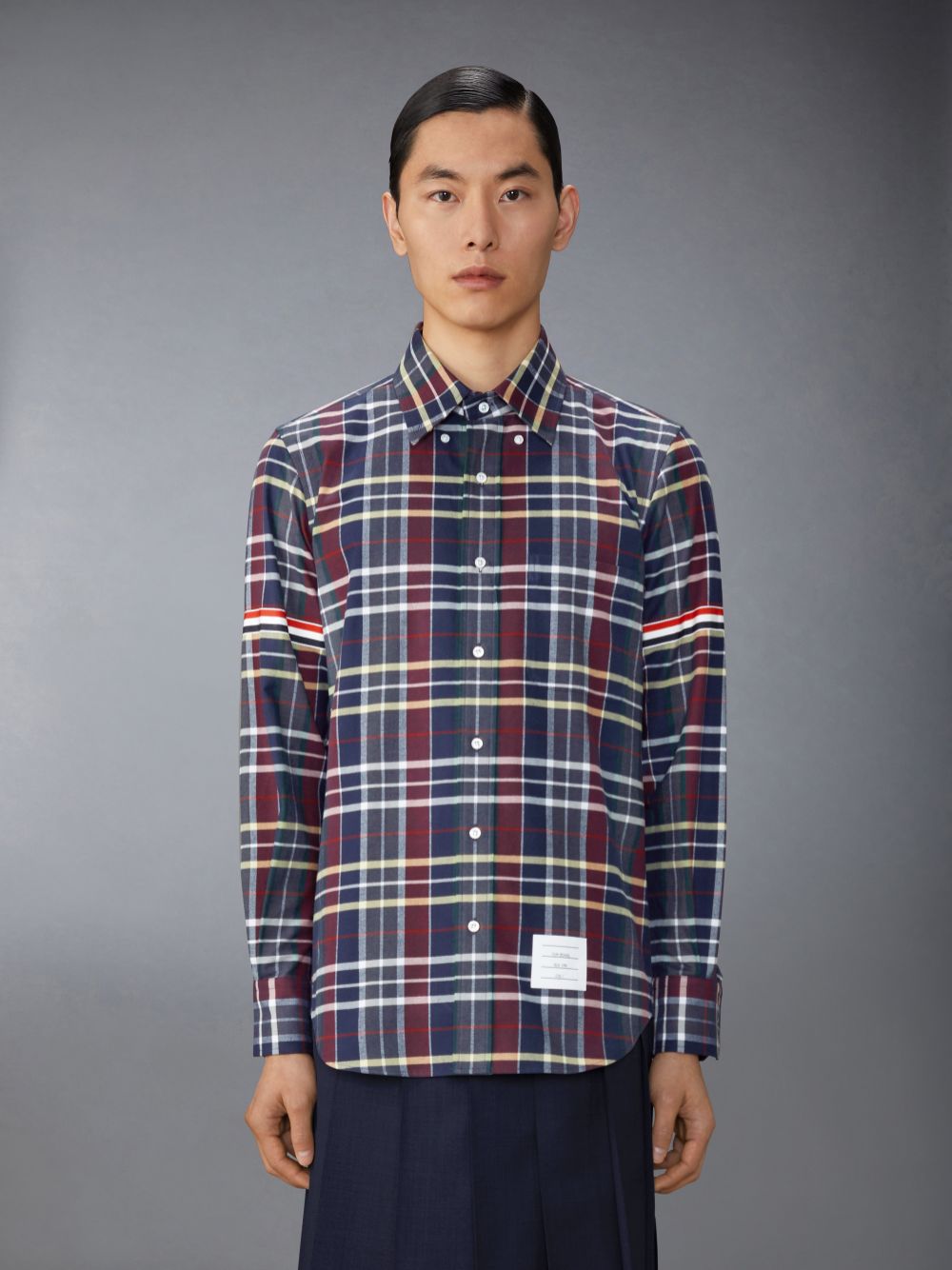 Men Thom Browne Hunting Tartan Cotton Flannel Armband Shirts Blue | ZMQ85C91400