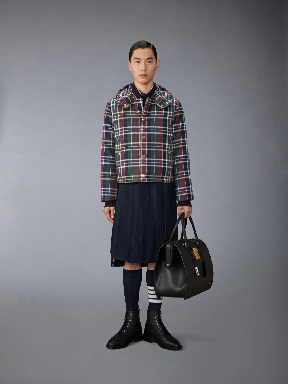 Men Thom Browne Hunting Tartan Cotton Flannel Armband Shirts Blue | ZMQ85C91400