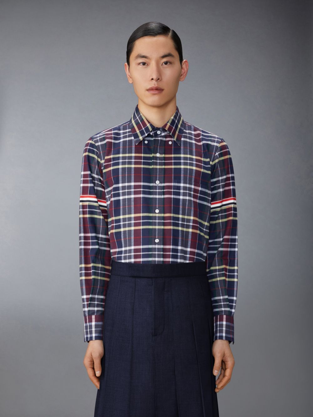 Men Thom Browne Hunting Tartan Cotton Flannel Armband Shirts Blue | ZMQ85C91400