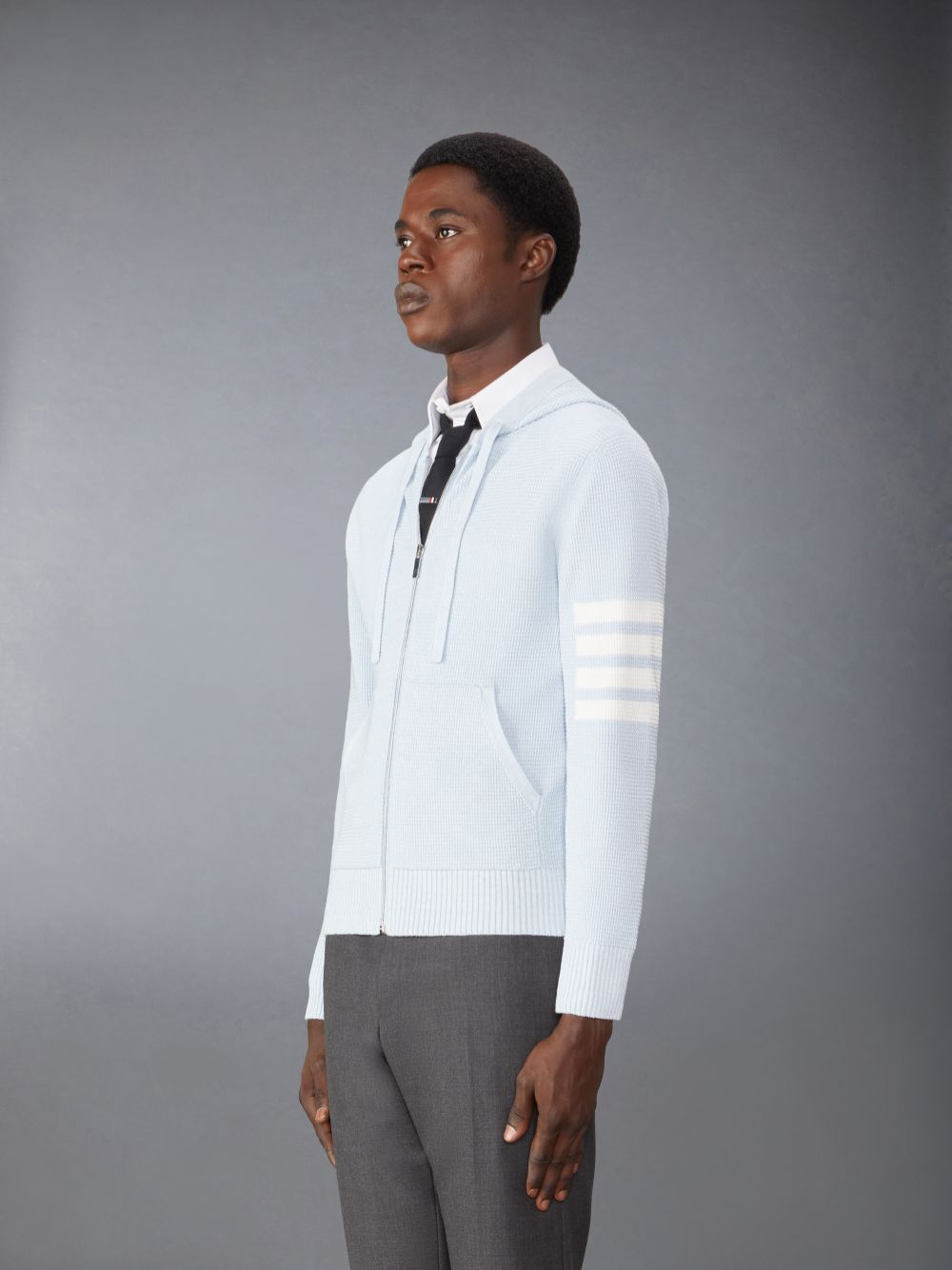 Men Thom Browne Linen Cotton 4-Bar Relaxed Fit Zip up Hoodie Blue | JJS04E77917