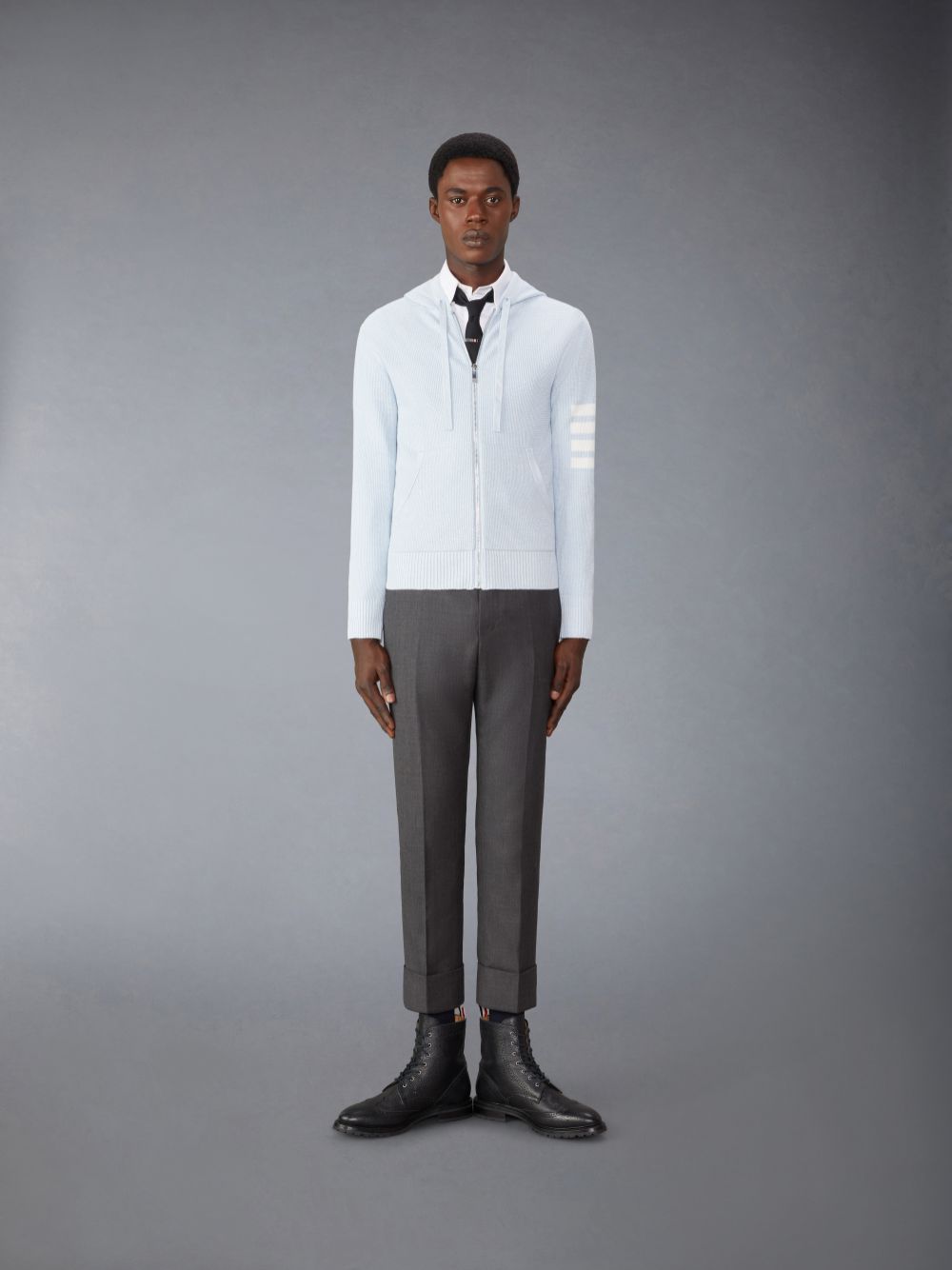 Men Thom Browne Linen Cotton 4-Bar Relaxed Fit Zip up Hoodie Blue | JJS04E77917