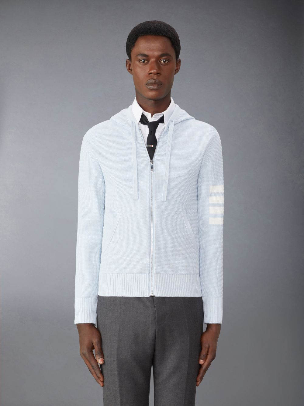 Men Thom Browne Linen Cotton 4-Bar Relaxed Fit Zip up Hoodie Blue | JJS04E77917