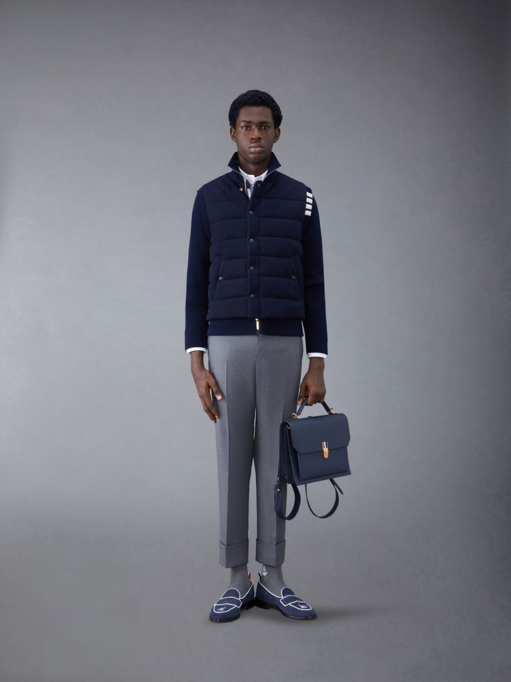 Men Thom Browne MERINO AND JERSEY PADDED REVERSIBLE 4-BAR FUNNEL NECK Jackets Blue | LBL79D02767