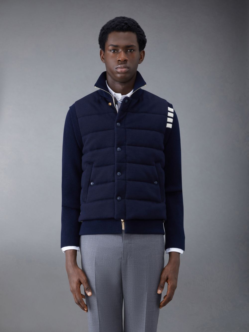 Men Thom Browne MERINO AND JERSEY PADDED REVERSIBLE 4-BAR FUNNEL NECK Jackets Blue | LBL79D02767