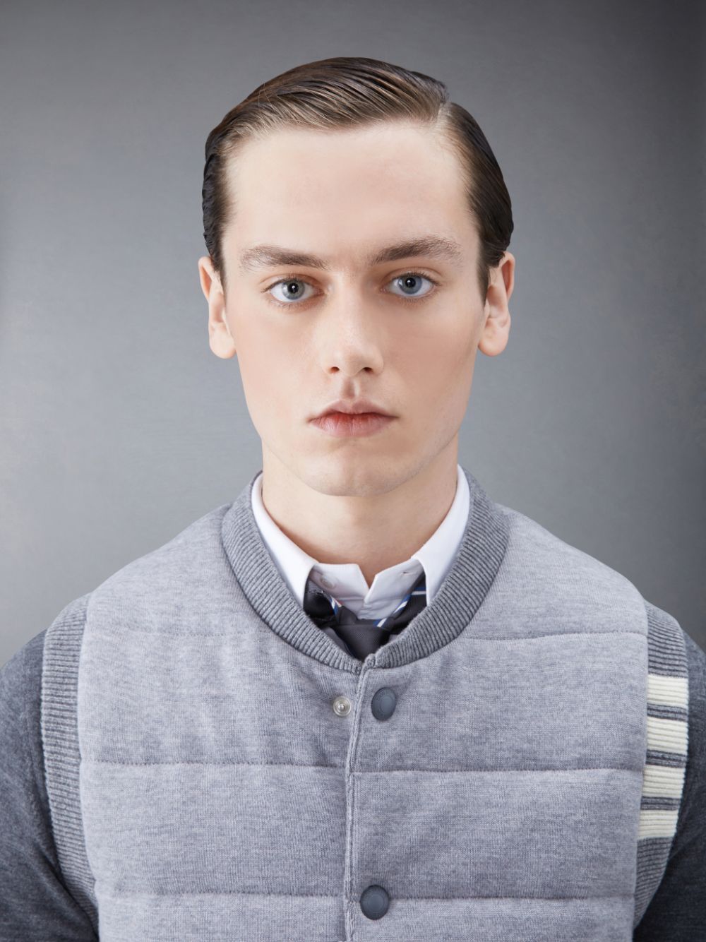 Men Thom Browne MERINO AND JERSEY PADDED REVERSIBLE 4-BAR Vest Grey | GSH79N64929