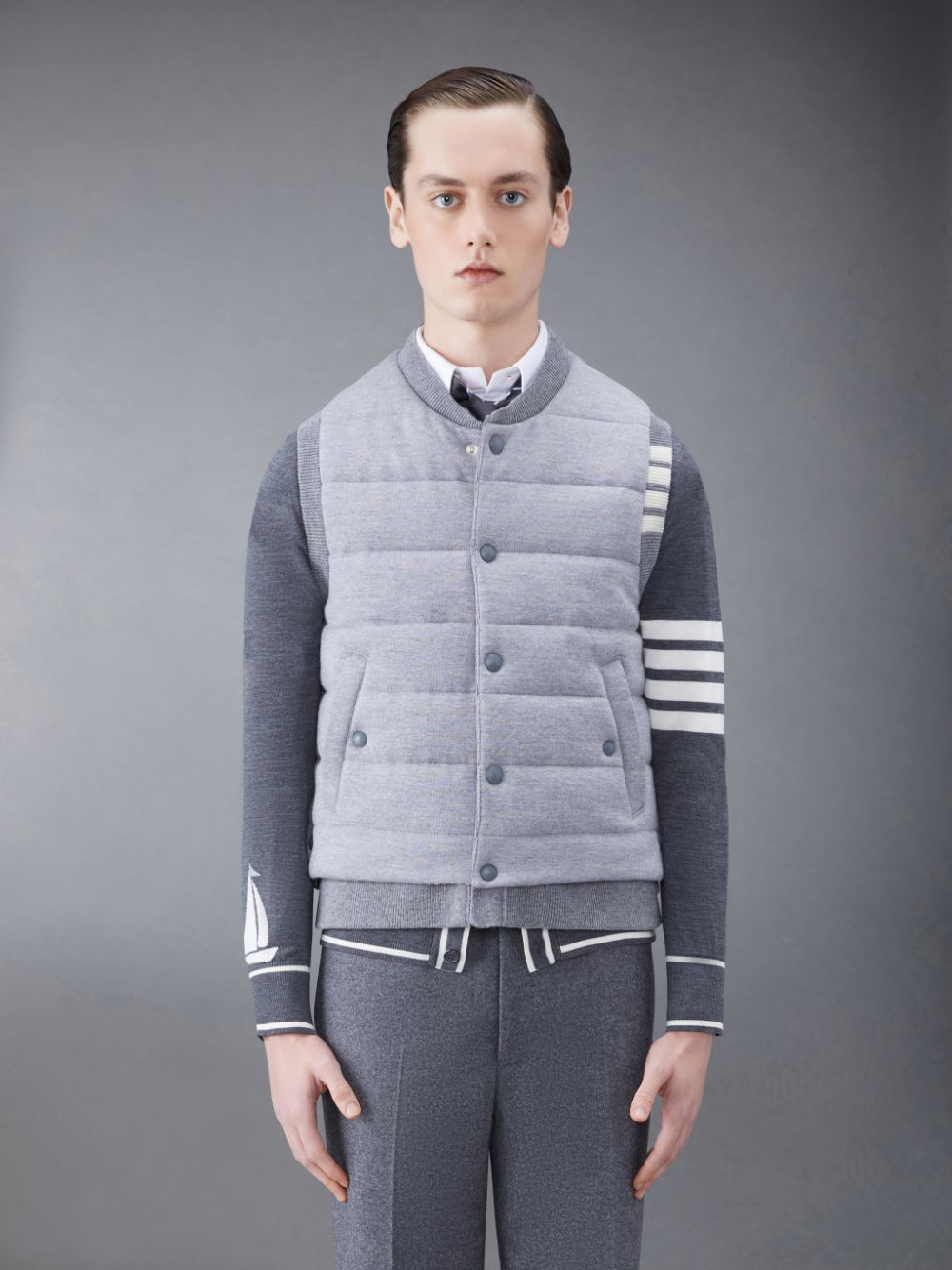 Men Thom Browne MERINO AND JERSEY PADDED REVERSIBLE 4-BAR Vest Grey | GSH79N64929