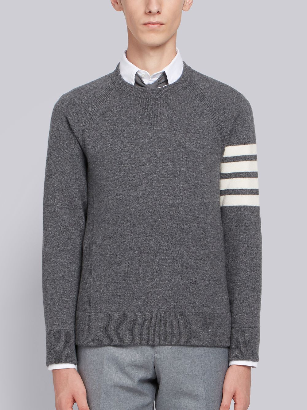 Men Thom Browne Medium French Terry Cashmere 4-Bar Crewneck Pullover Grey | HYG86O64635