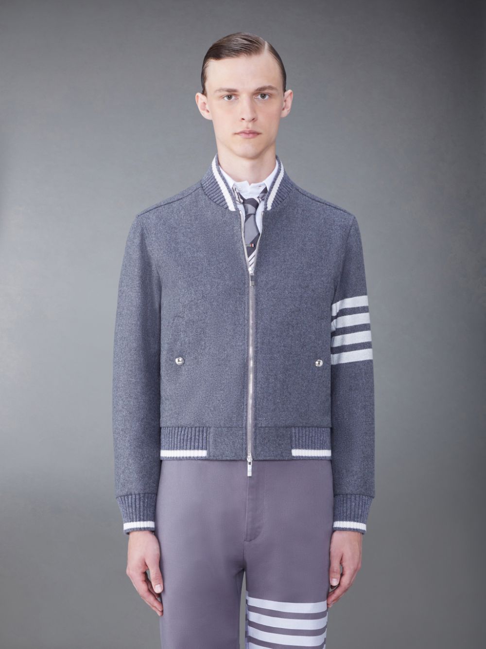Men Thom Browne Melton 4-Bar Blouson Jackets Grey | BGR38M57093
