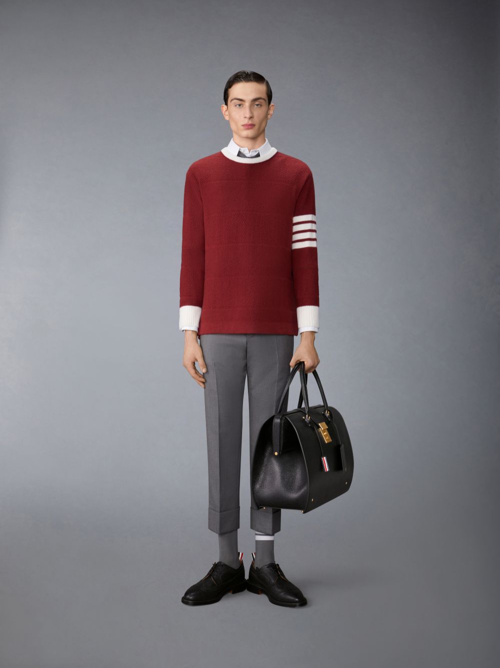 Men Thom Browne Merino Wool 4-Bar Textured Rugby Stripe Crew Neck Pullover Red | CZF05N29658