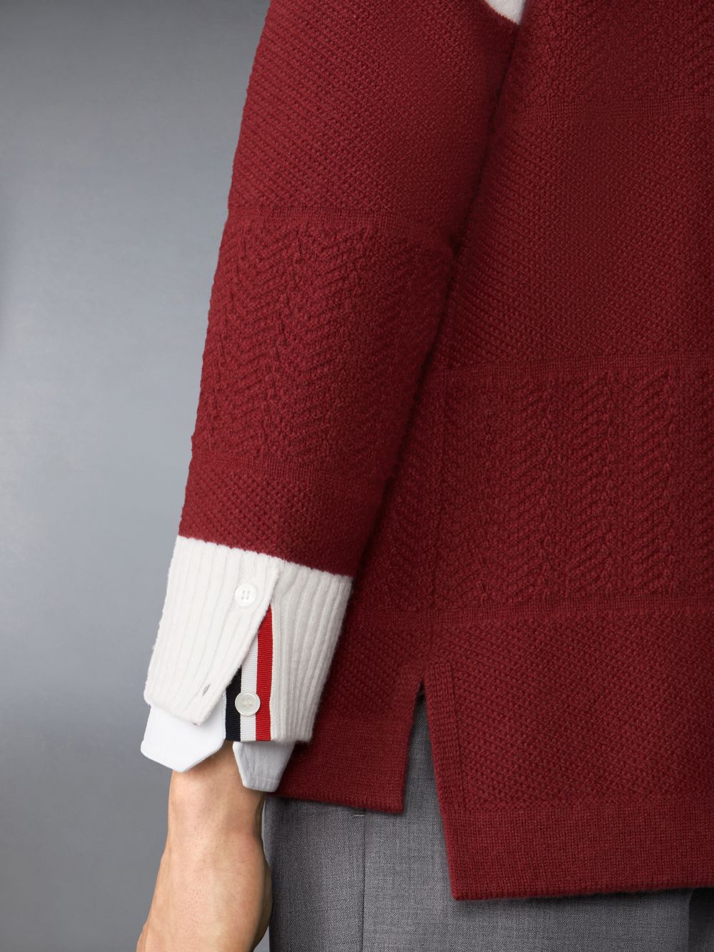 Men Thom Browne Merino Wool 4-Bar Textured Rugby Stripe Crew Neck Pullover Red | CZF05N29658