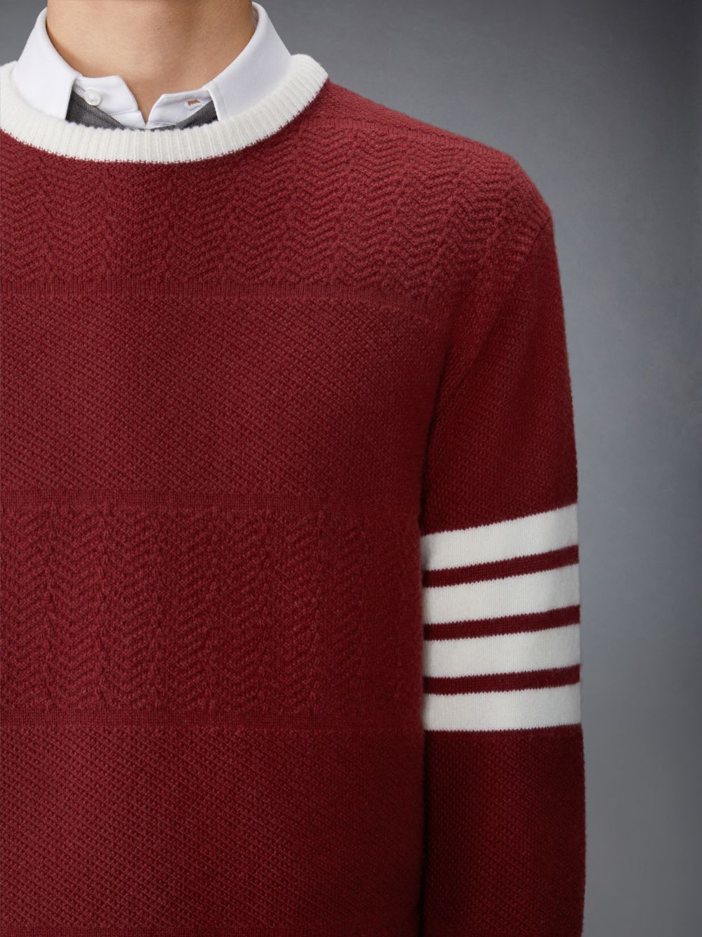 Men Thom Browne Merino Wool 4-Bar Textured Rugby Stripe Crew Neck Pullover Red | CZF05N29658