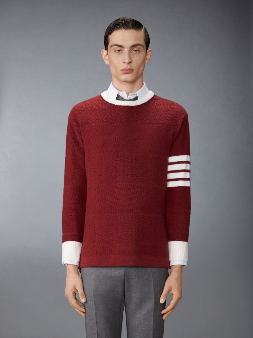 Men Thom Browne Merino Wool 4-Bar Textured Rugby Stripe Crew Neck Pullover Red | CZF05N29658