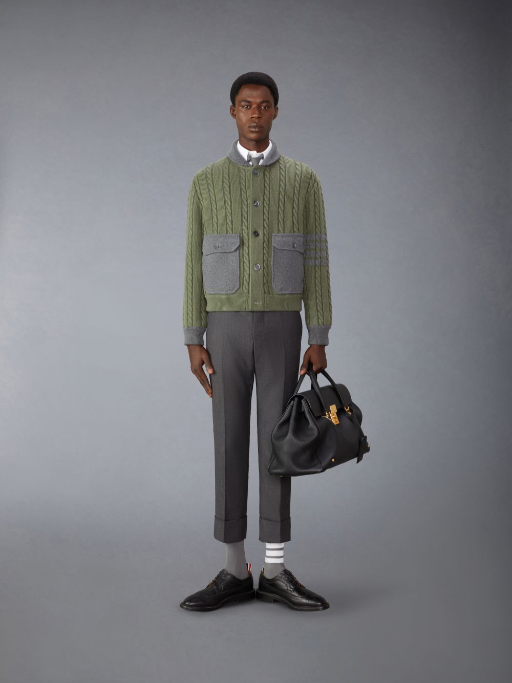 Men Thom Browne Merino Wool and Cotton Cable Bomber Jackets Green | MGG01C92339