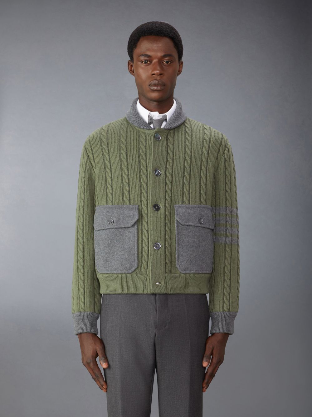 Men Thom Browne Merino Wool and Cotton Cable Bomber Jackets Green | MGG01C92339