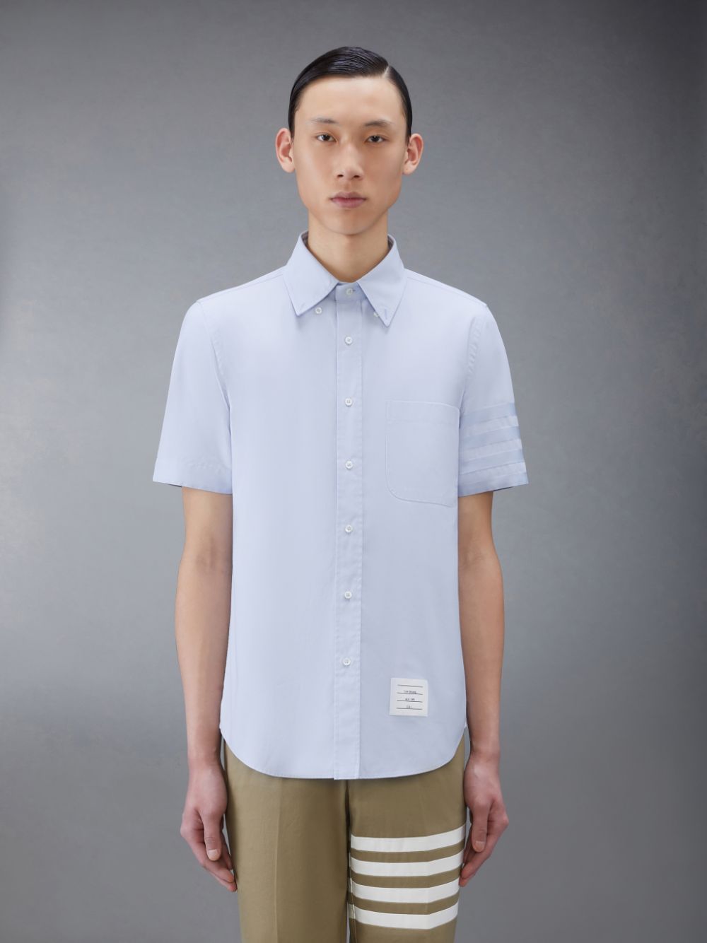 Men Thom Browne Oxford 4-Bar Short Sleeve Shirts Blue | UUI18D22898