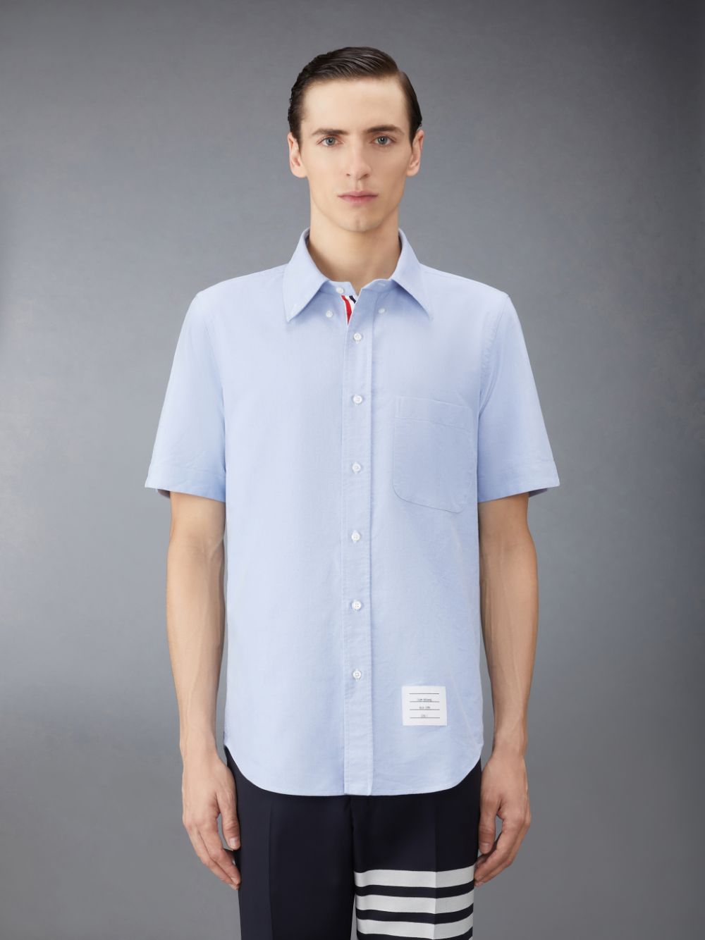 Men Thom Browne Oxford Short Sleeve Shirts Blue | CUO00J78515