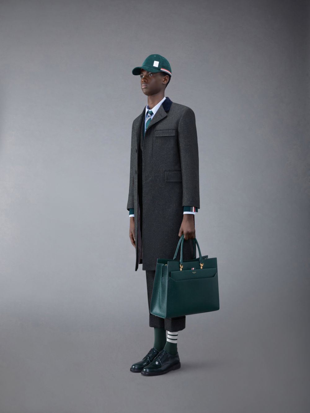 Men Thom Browne Pebble Grain Leather Large Duet Tote Bags Green | ZCA15S90260