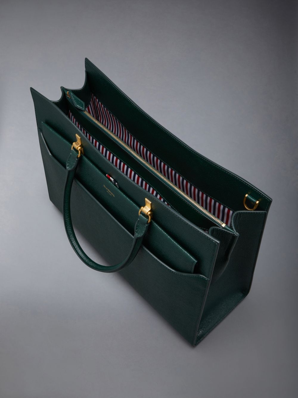 Men Thom Browne Pebble Grain Leather Large Duet Tote Bags Green | ZCA15S90260