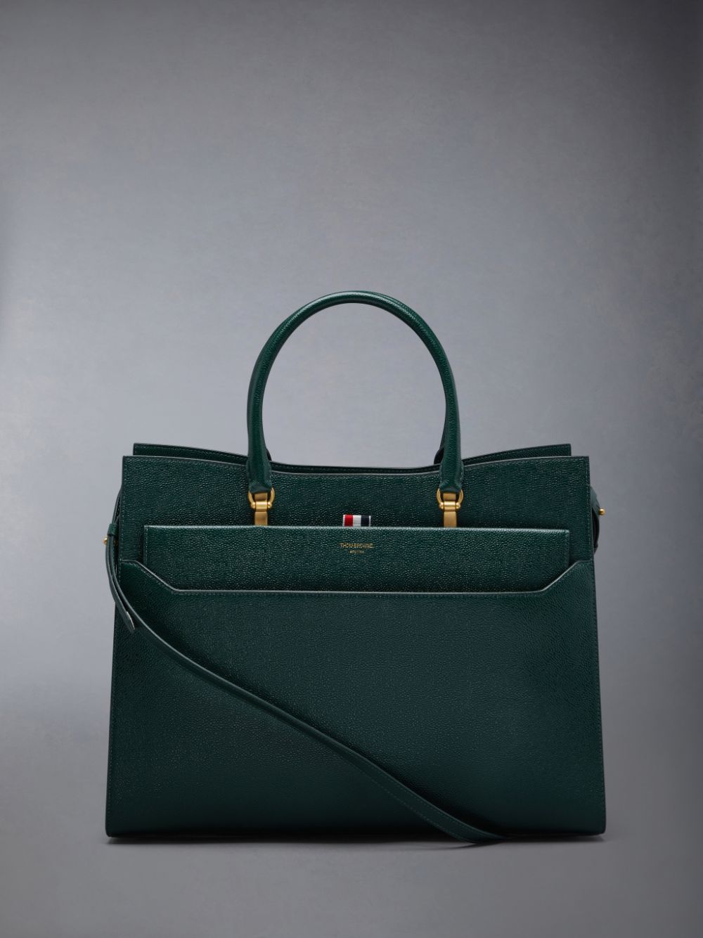 Men Thom Browne Pebble Grain Leather Large Duet Tote Bags Green | ZCA15S90260
