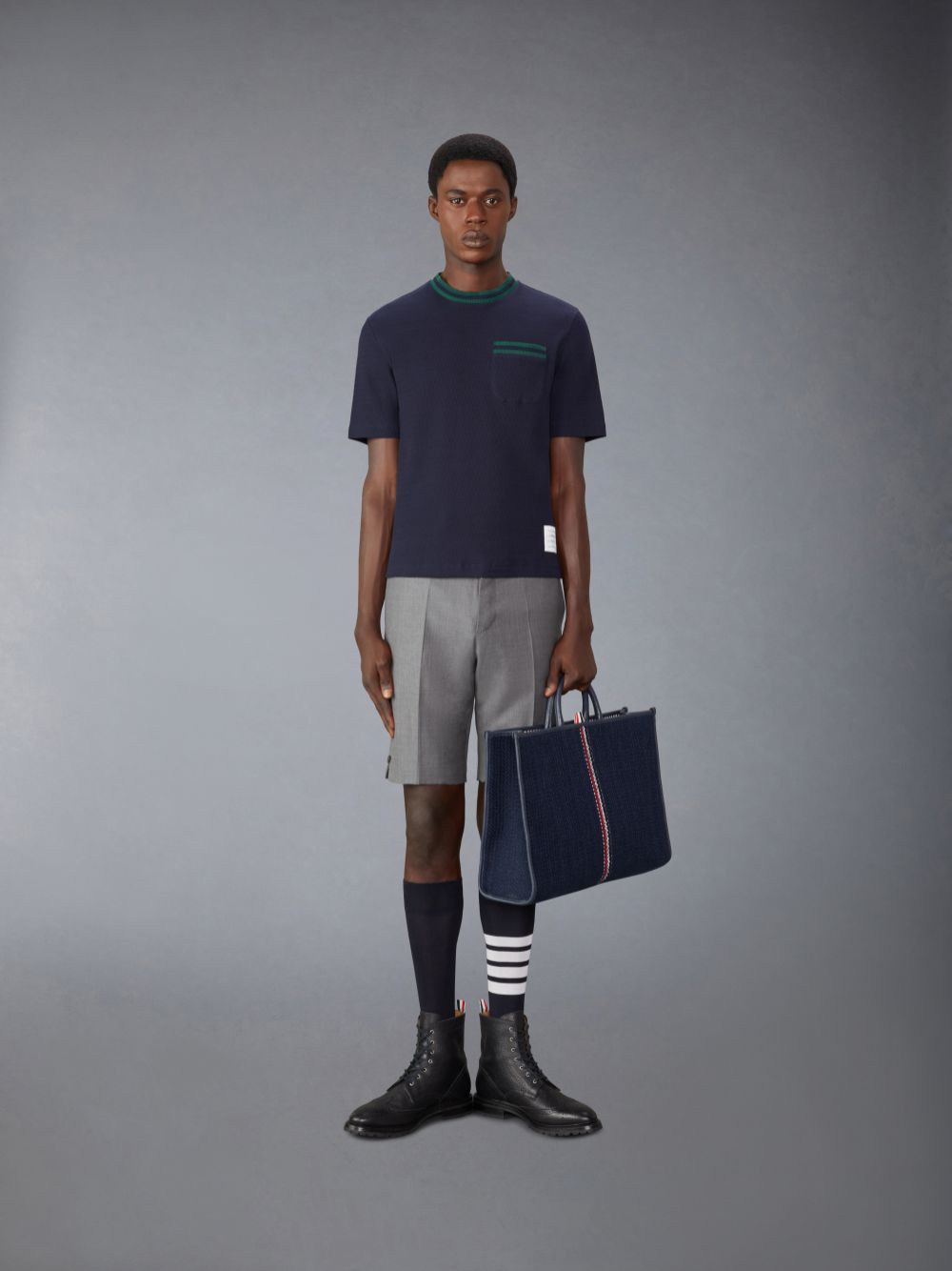 Men Thom Browne Pointelle Cotton T Shirts Blue | HYO53E78708