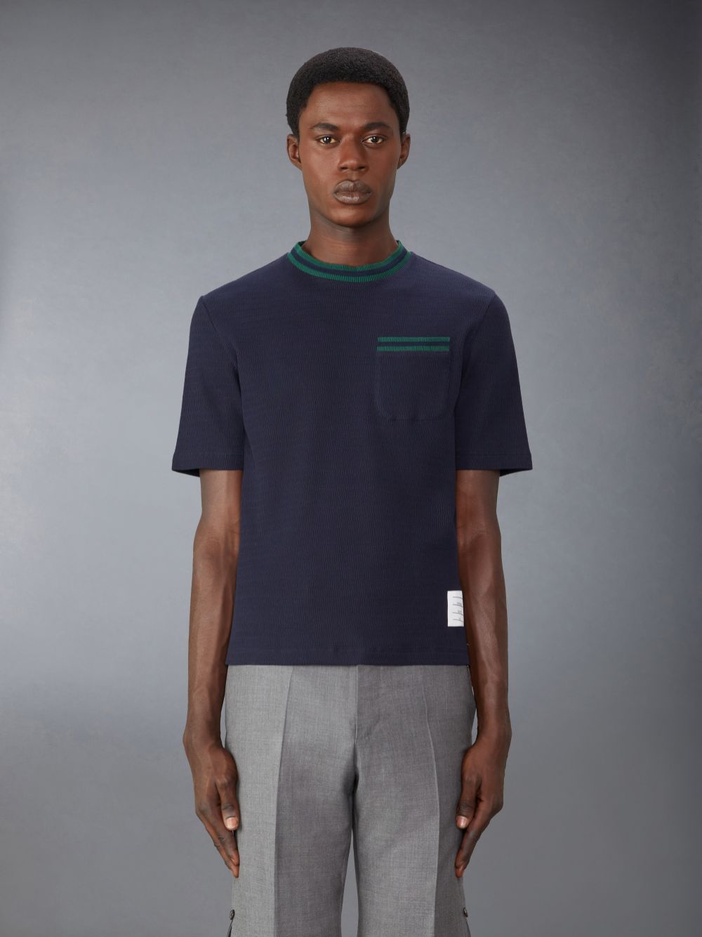 Men Thom Browne Pointelle Cotton T Shirts Blue | HYO53E78708