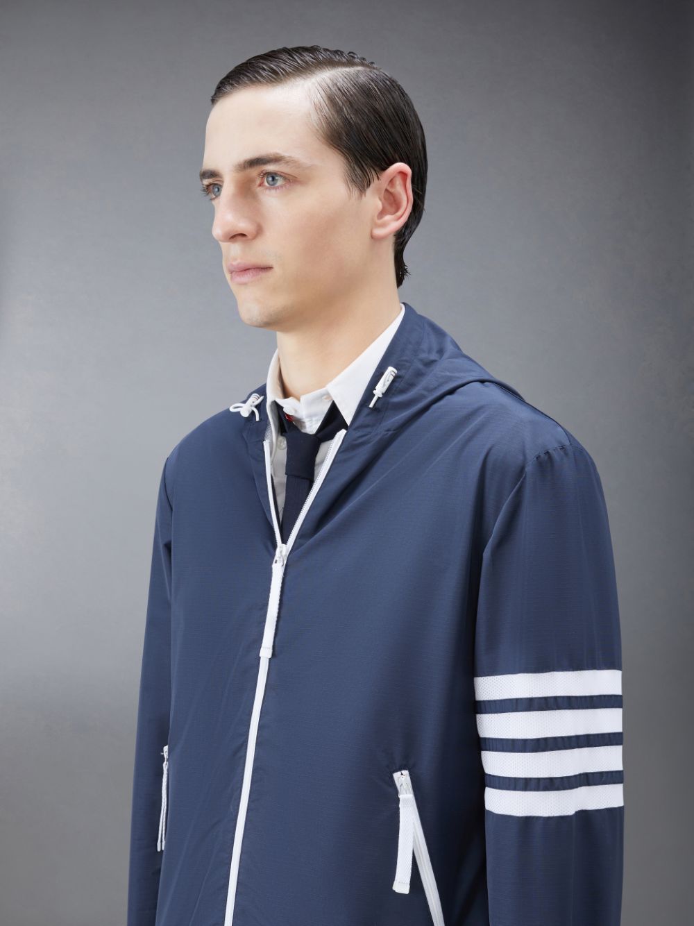 Men Thom Browne Ripstop Mesh 4-Bar Hooded Jackets Blue | NYZ24D80589