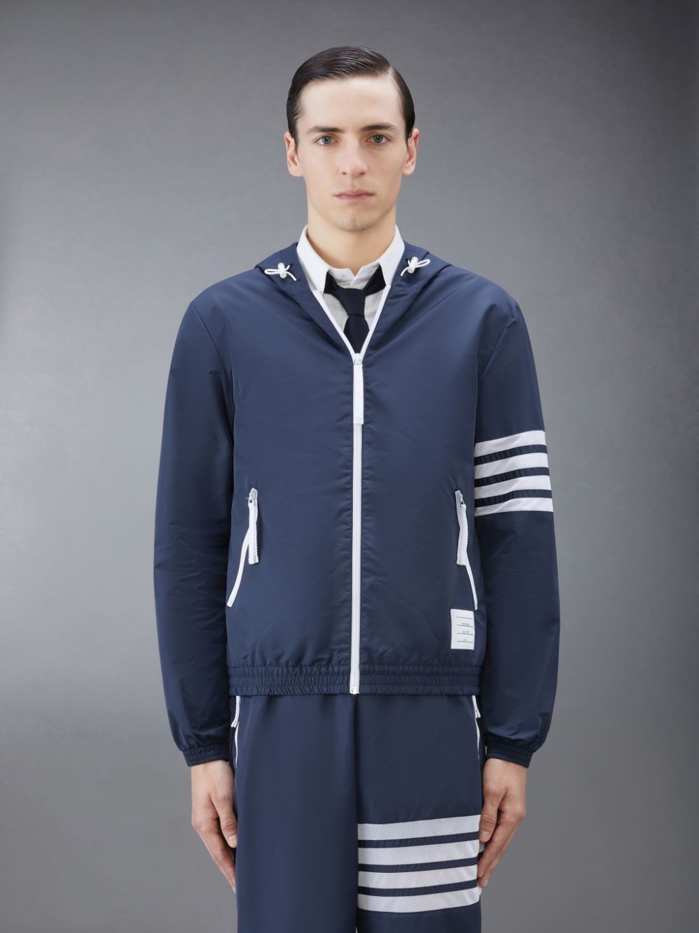 Men Thom Browne Ripstop Mesh 4-Bar Hooded Jackets Blue | NYZ24D80589