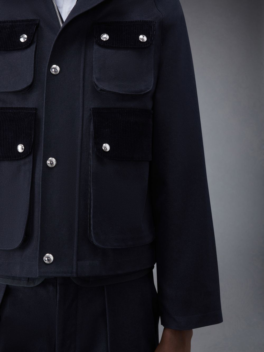 Men Thom Browne Selvedge Denim Cropped Relaxed Field Jackets Black | JRE59U86643