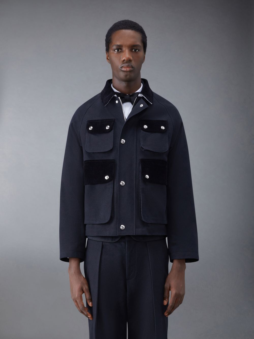 Men Thom Browne Selvedge Denim Cropped Relaxed Field Jackets Black | JRE59U86643