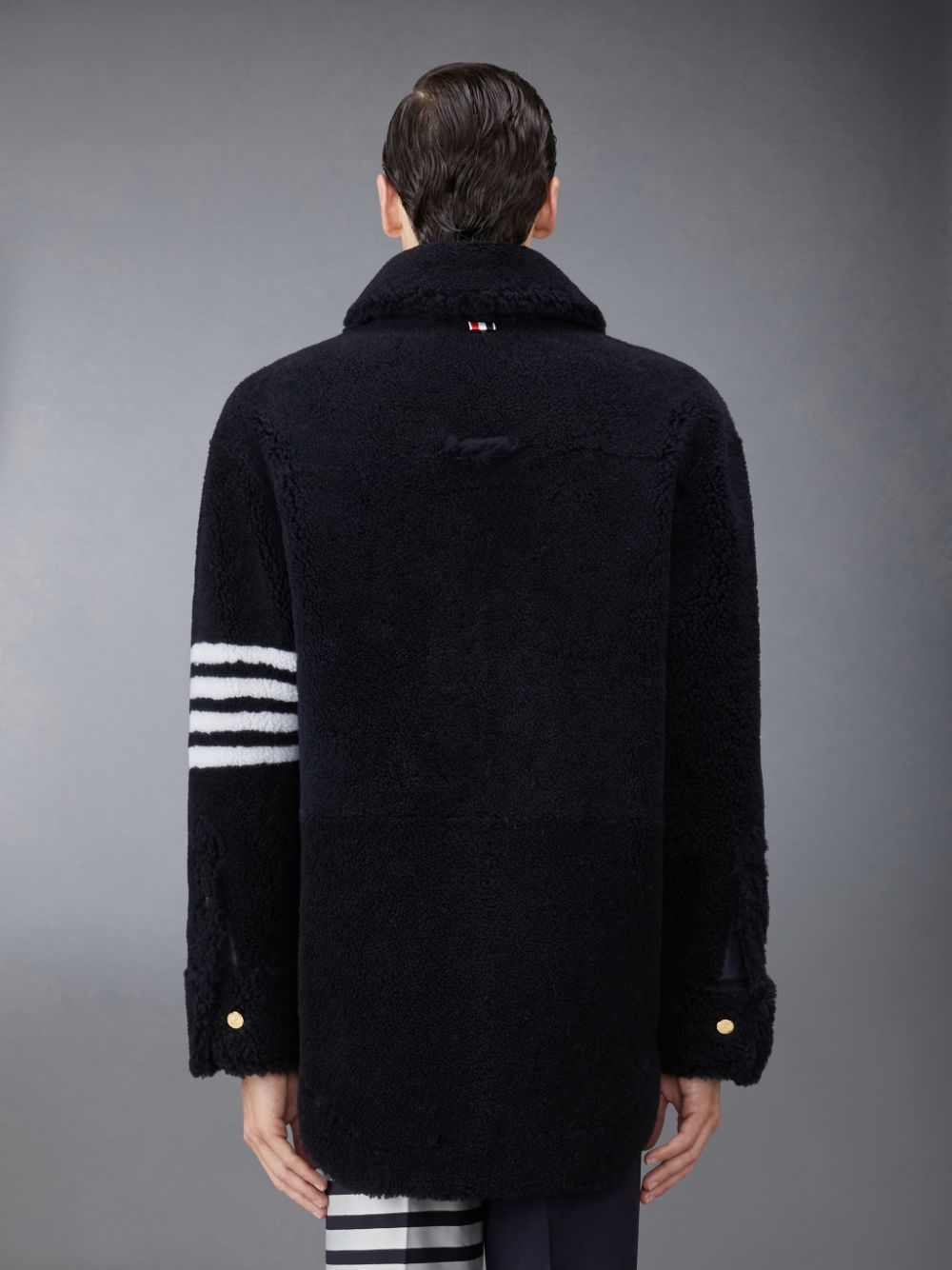 Men Thom Browne Shearling 4-Bar Oversized Shirt Jackets Blue | MQX10D33506