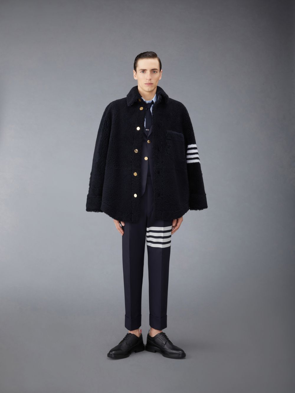 Men Thom Browne Shearling 4-Bar Oversized Shirt Jackets Blue | MQX10D33506
