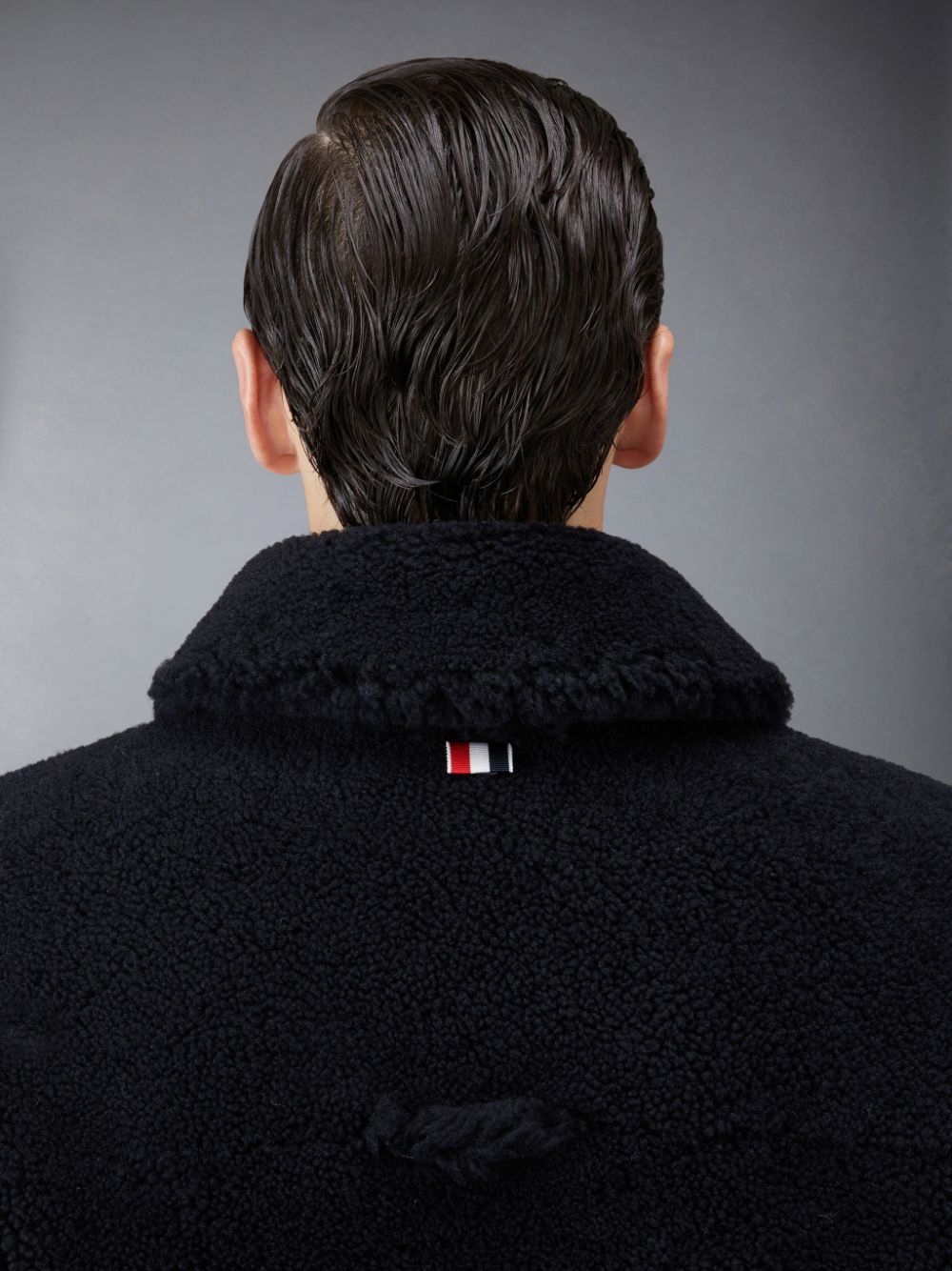 Men Thom Browne Shearling 4-Bar Oversized Shirt Jackets Blue | MQX10D33506