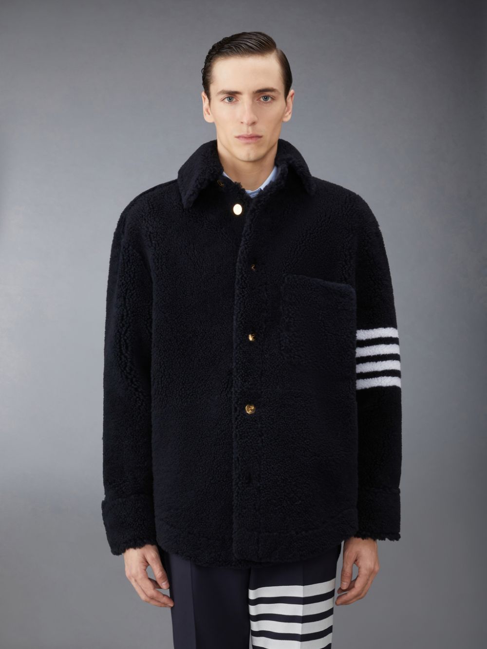 Men Thom Browne Shearling 4-Bar Oversized Shirt Jackets Blue | MQX10D33506