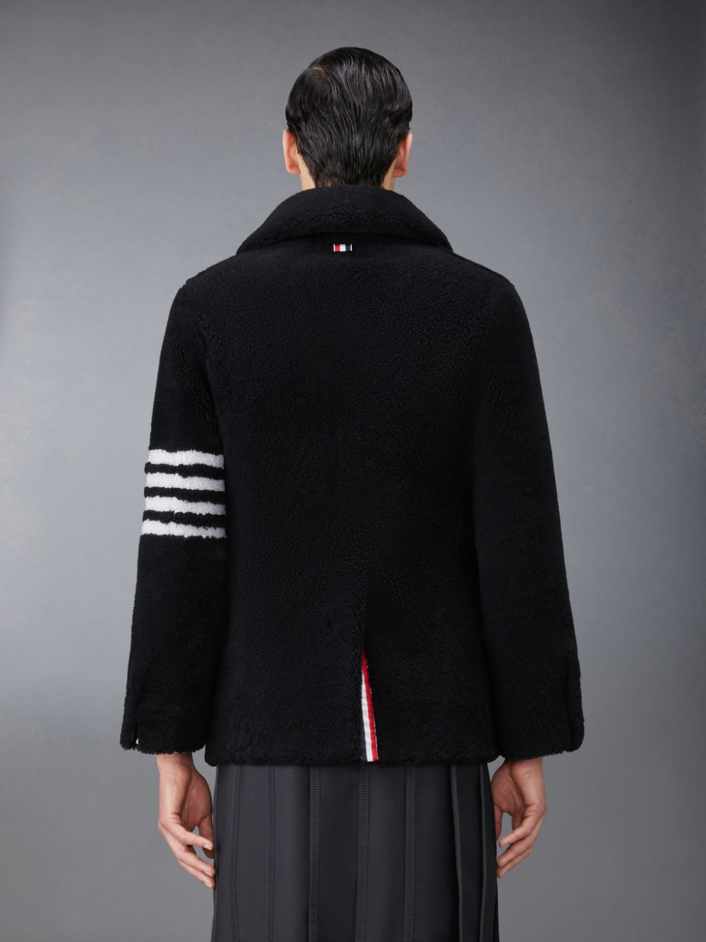 Men Thom Browne Shearling 4-Bar Peacoat Coats Black | RZL72N24475