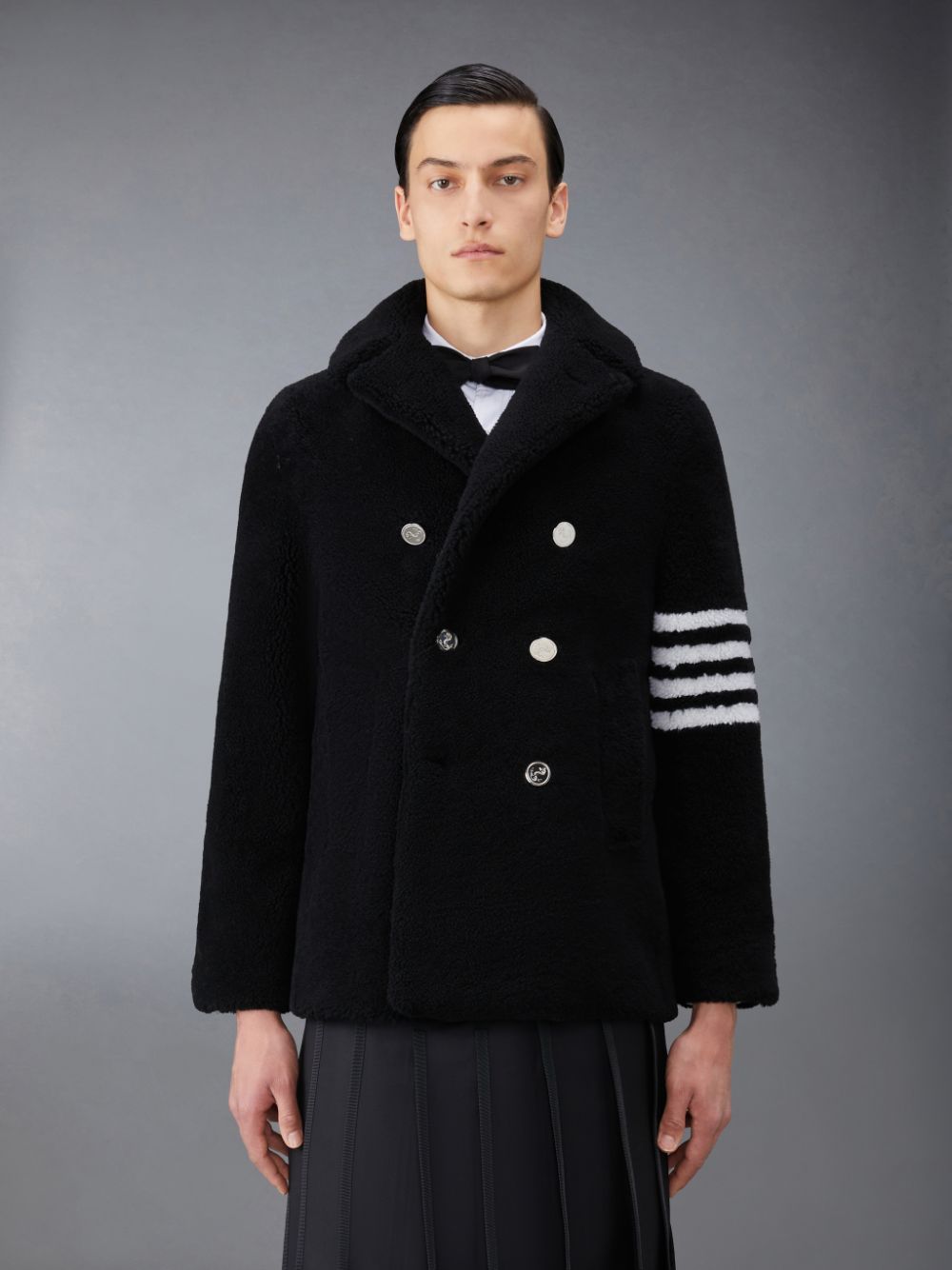 Men Thom Browne Shearling 4-Bar Peacoat Coats Black | RZL72N24475
