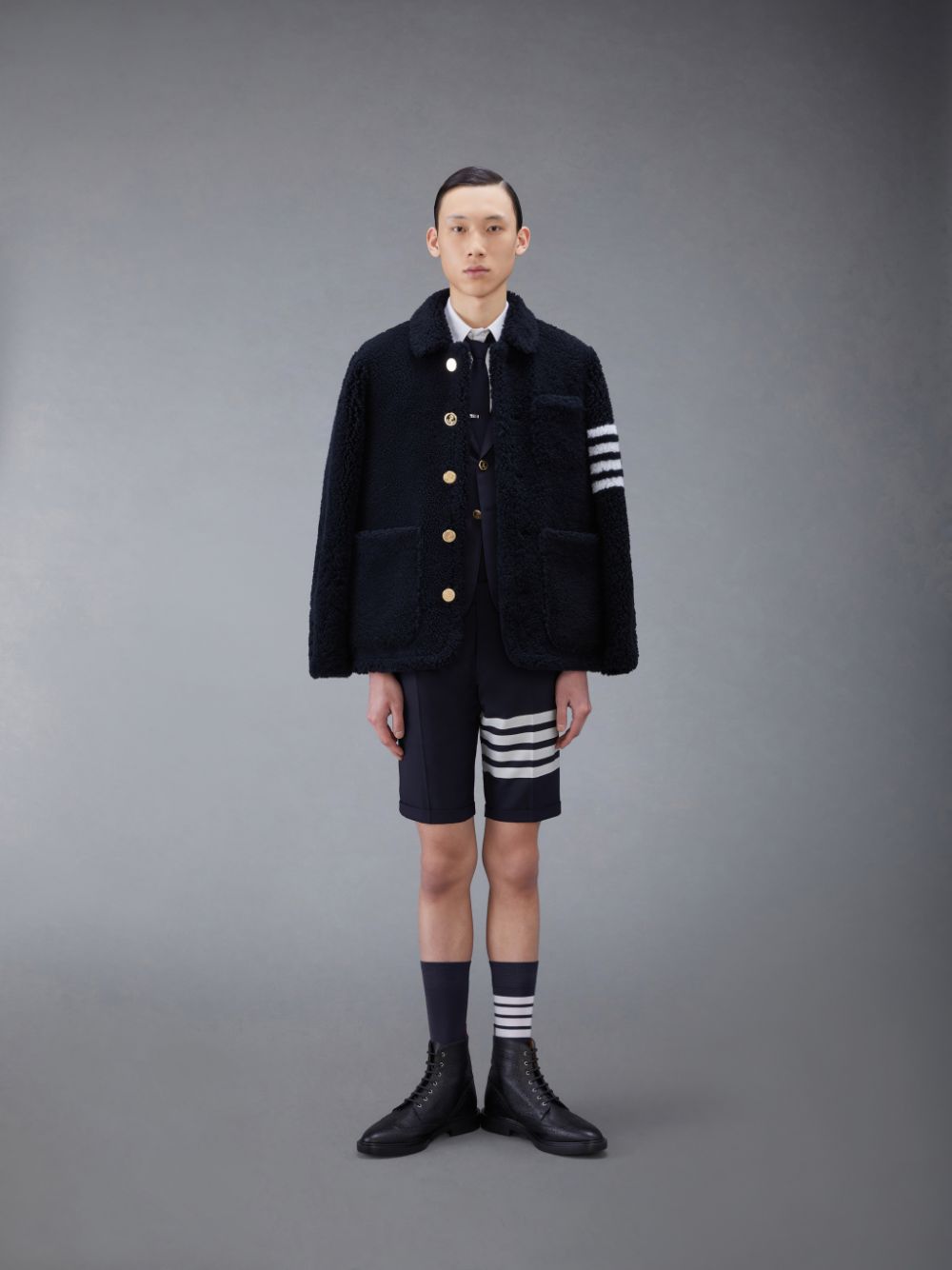 Men Thom Browne Shearling 4-Bar Sack Jackets Blue | CAT19W02626