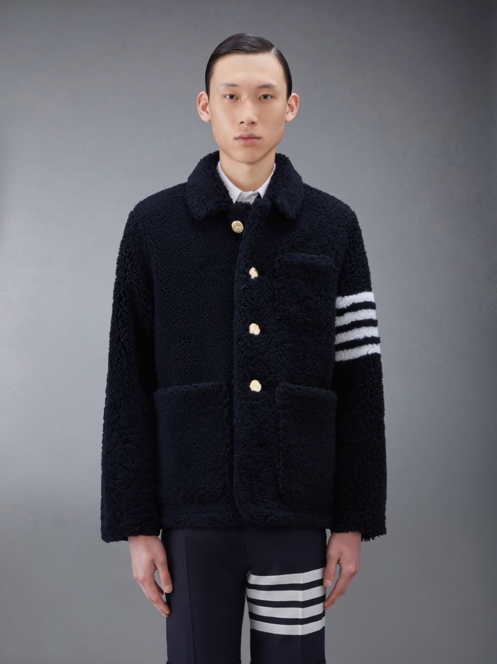 Men Thom Browne Shearling 4-Bar Sack Jackets Blue | CAT19W02626