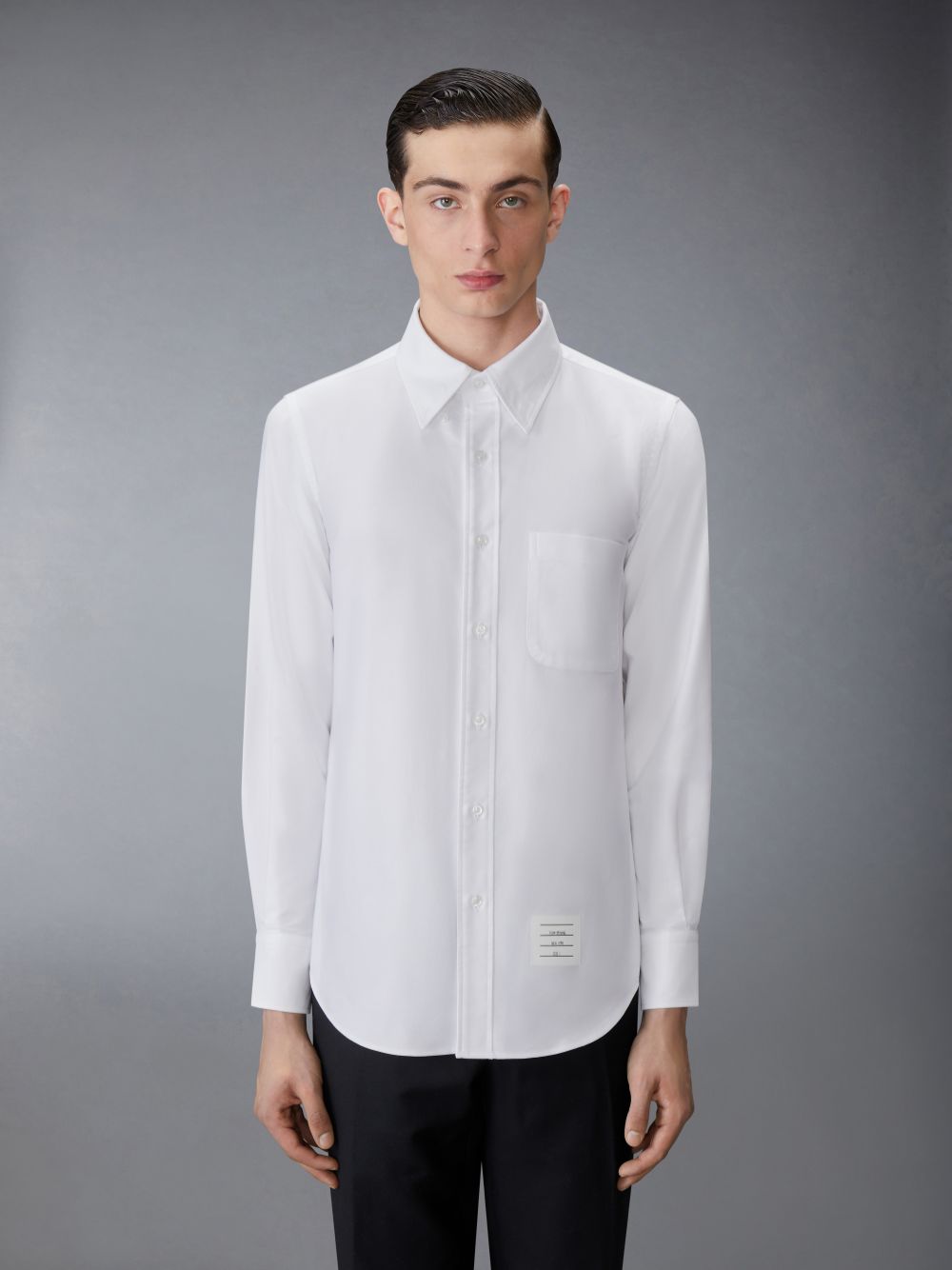Men Thom Browne Solid Oxford Nevermore Embroidery Shirts White | VJX78D85163