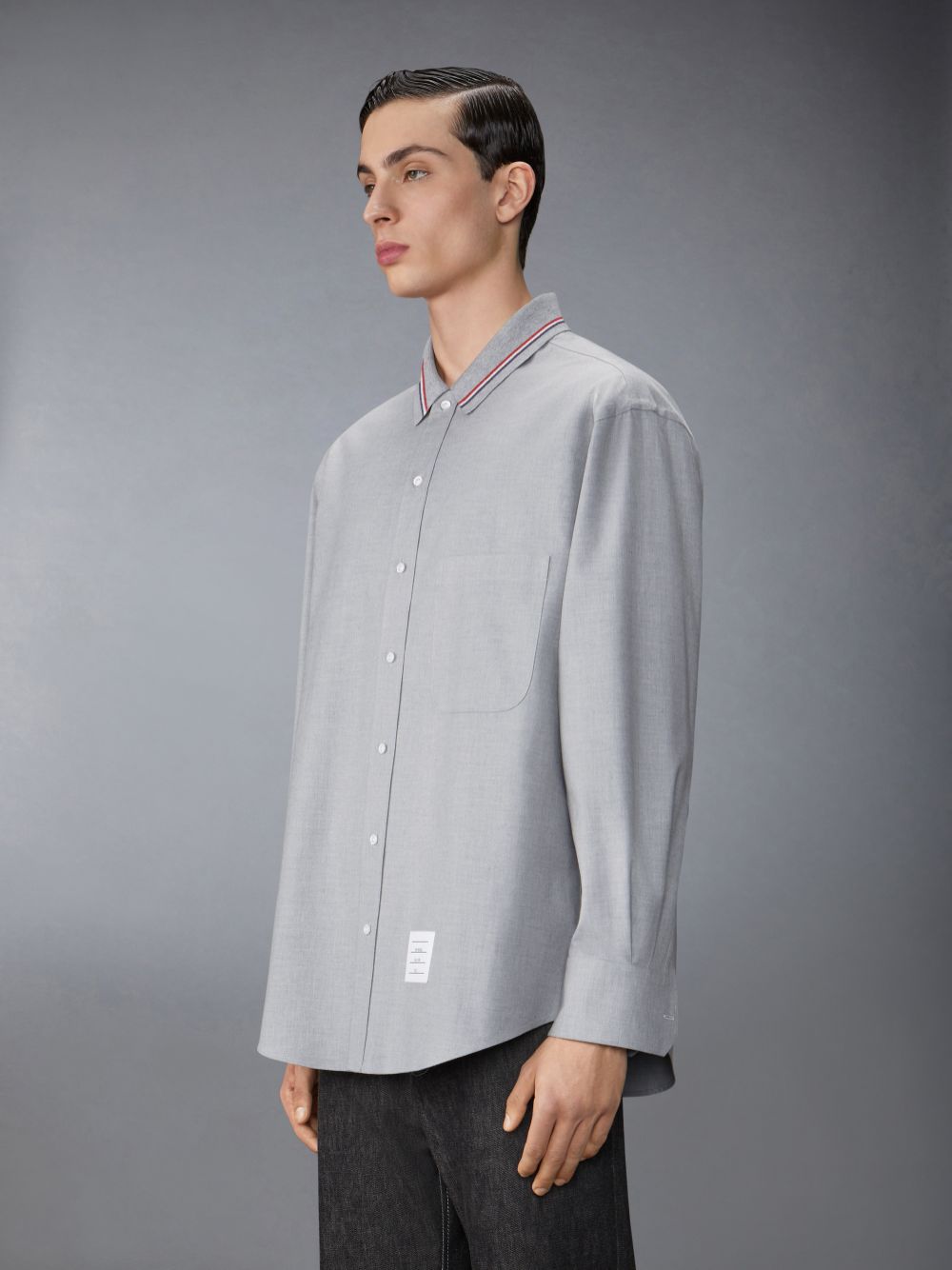 Men Thom Browne Stripe Cotton Flannel Oversized Shirts Grey | DMJ82B54048