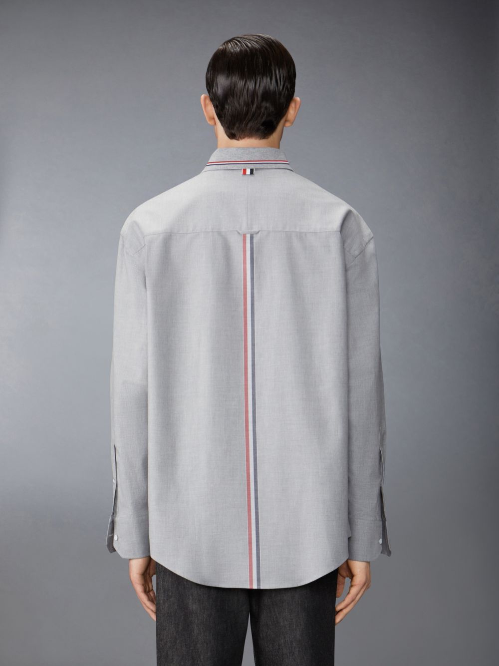 Men Thom Browne Stripe Cotton Flannel Oversized Shirts Grey | DMJ82B54048
